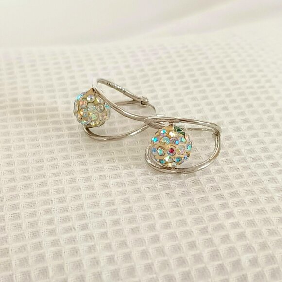 925 Floating Crystal Double Hoop Earrings Sterling Silver Drop Post Earrings - Picture 4 of 14